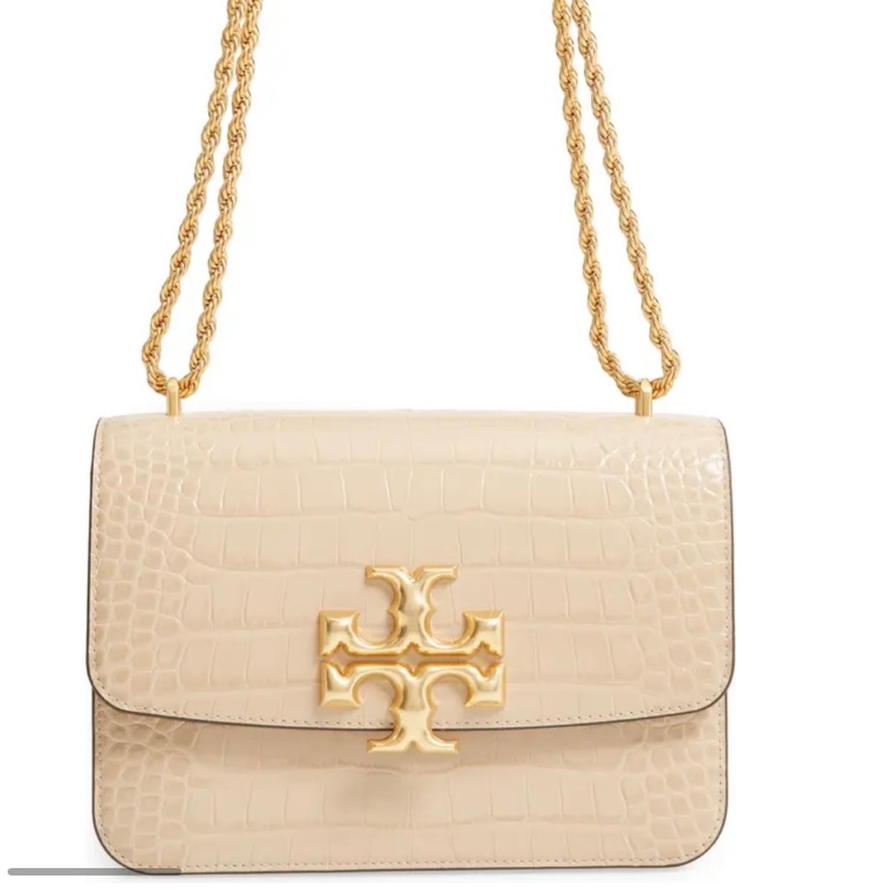 Tory Burch Cream Eleanor Croc Embossed Leather Convertible Shoulder Bag